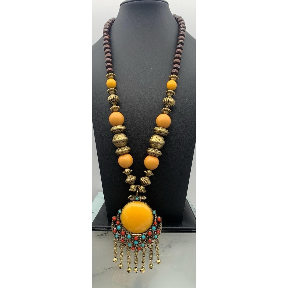 Vintage Handmade Wood & Acrylic Colorful Boho Style Beaded Pendant Necklace 22"